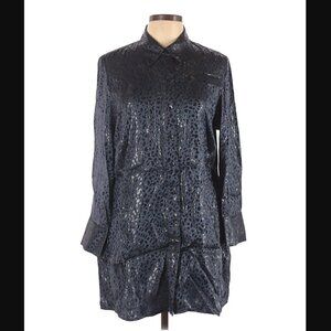 Chico’s Tunic Top 12 Silk Cheetah Animal Print Metallic Navy Blue Cocktail Party